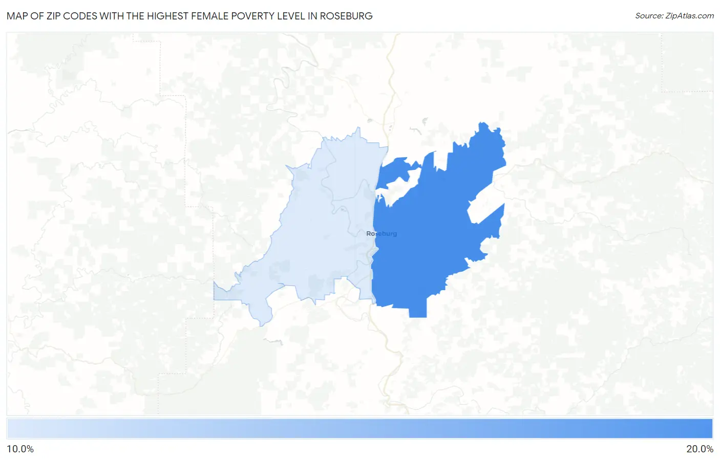 Zip Codes with the Highest Female Poverty Level in Roseburg Map