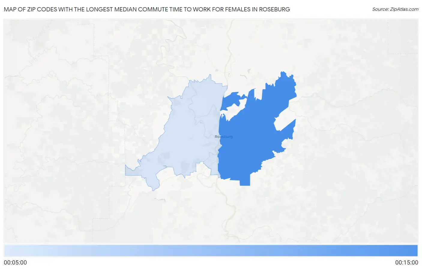Zip Codes with the Longest Median Commute Time to Work for Females in Roseburg Map