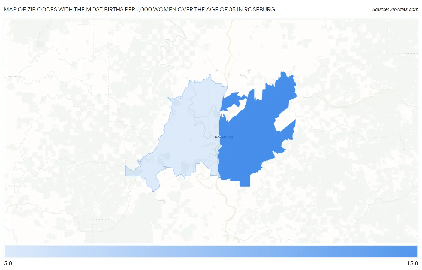 Zip Codes with the Most Births per 1,000 Women Over the Age of 35 in Roseburg Map