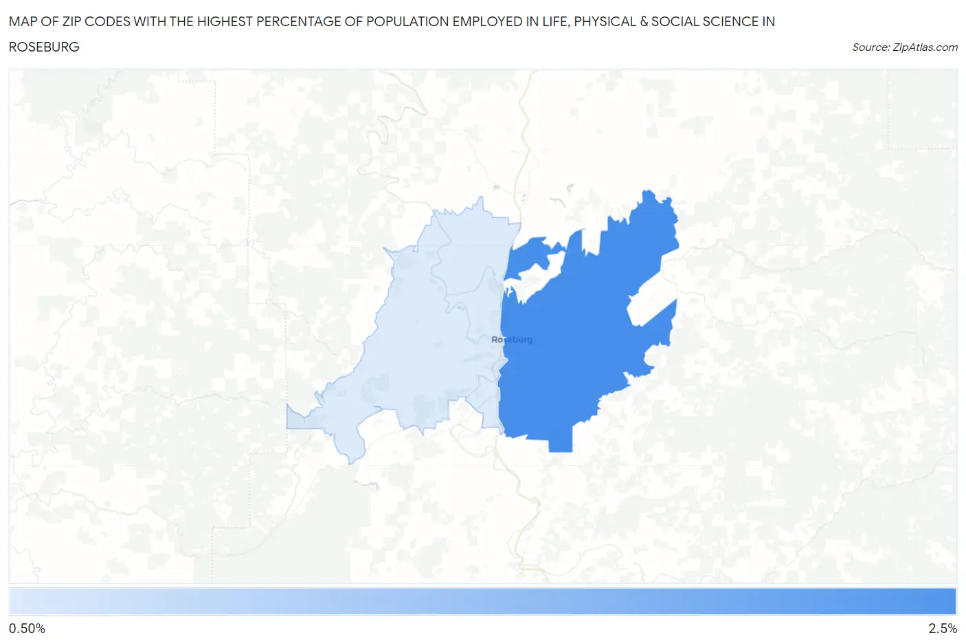 Zip Codes with the Highest Percentage of Population Employed in Life, Physical & Social Science in Roseburg Map