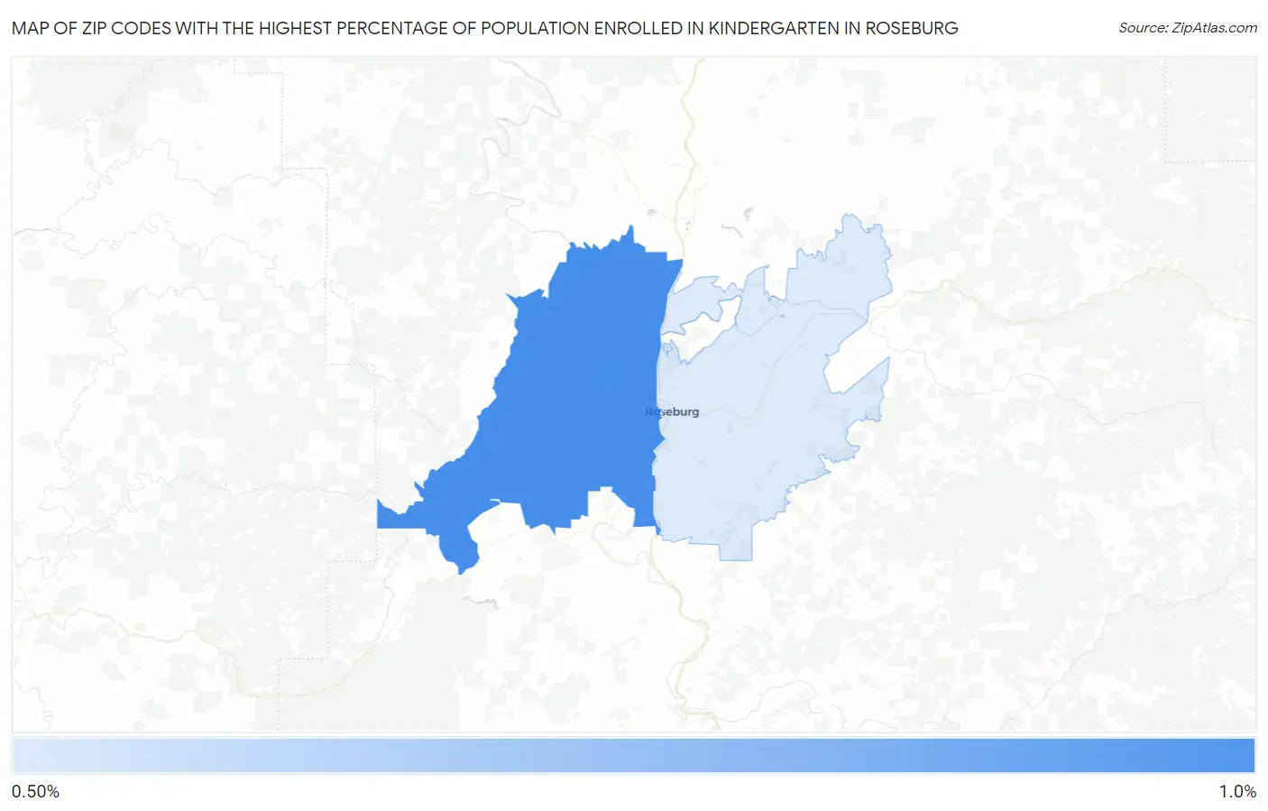 Zip Codes with the Highest Percentage of Population Enrolled in Kindergarten in Roseburg Map