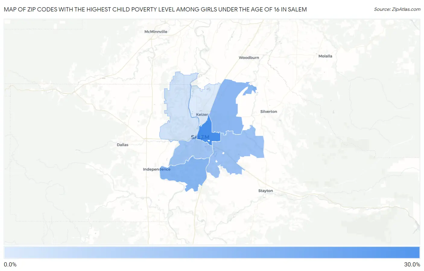 Zip Codes with the Highest Child Poverty Level Among Girls Under the Age of 16 in Salem Map