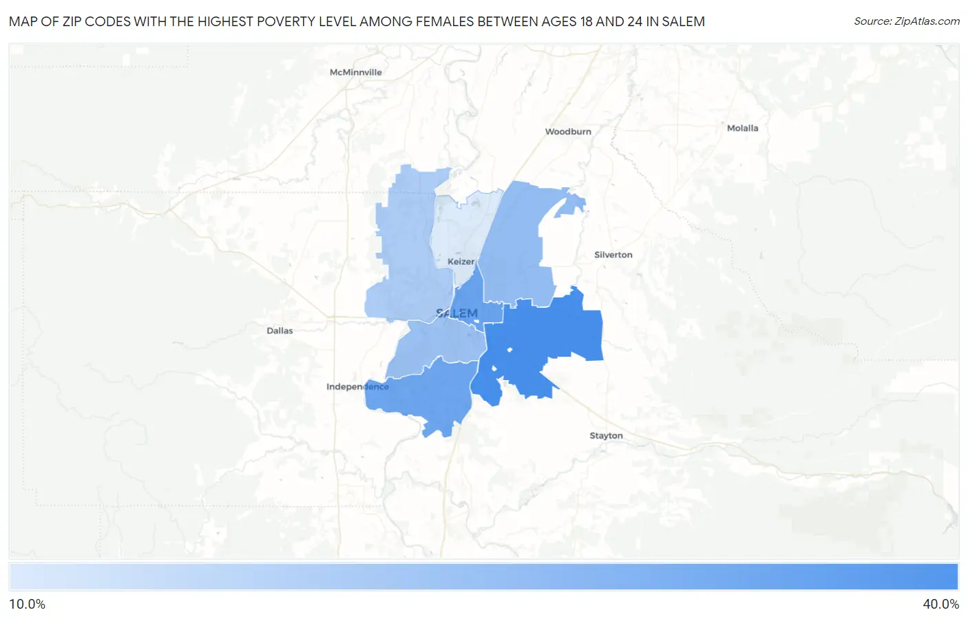 Zip Codes with the Highest Poverty Level Among Females Between Ages 18 and 24 in Salem Map