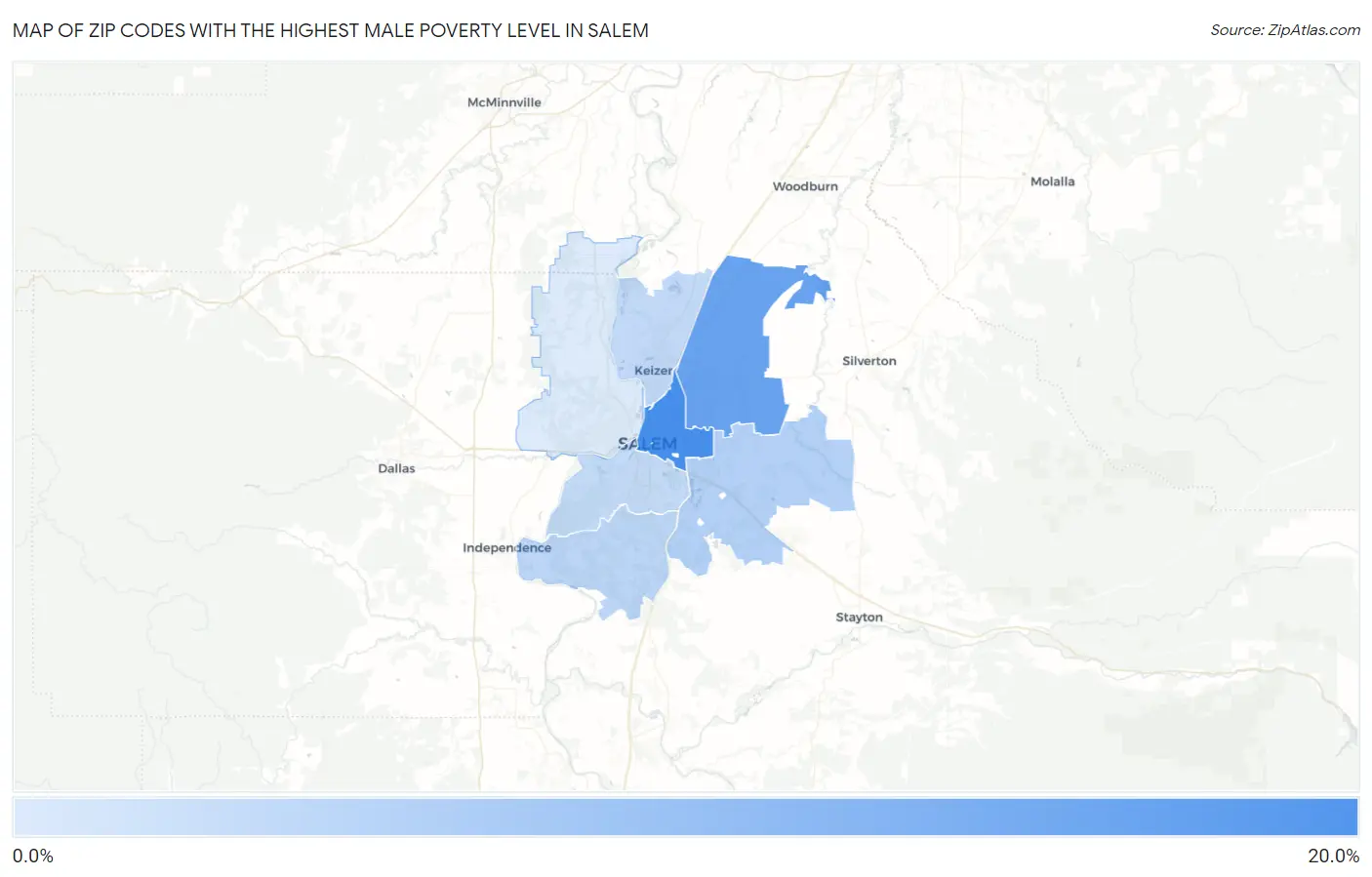 Zip Codes with the Highest Male Poverty Level in Salem Map