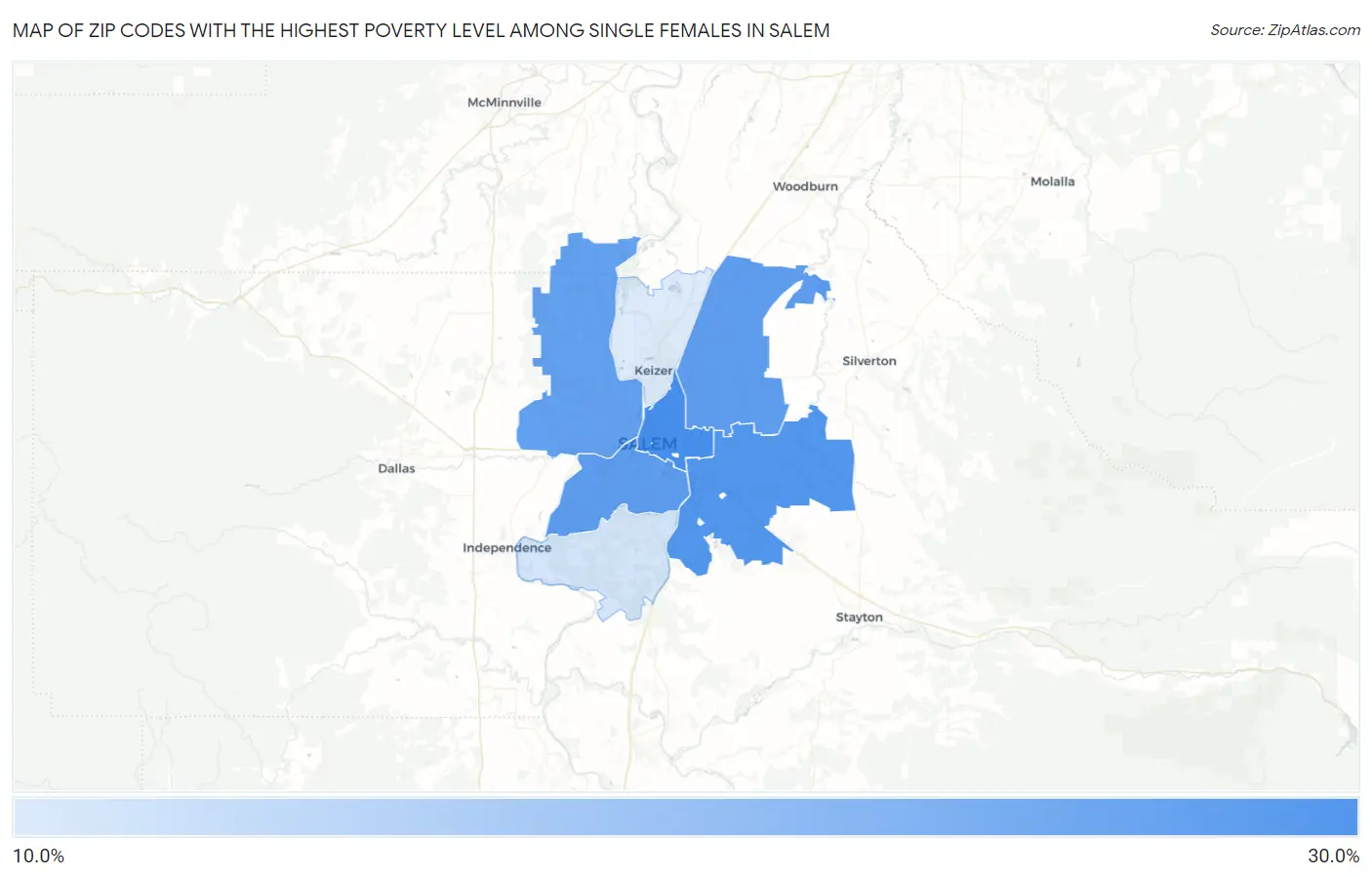 Zip Codes with the Highest Poverty Level Among Single Females in Salem Map
