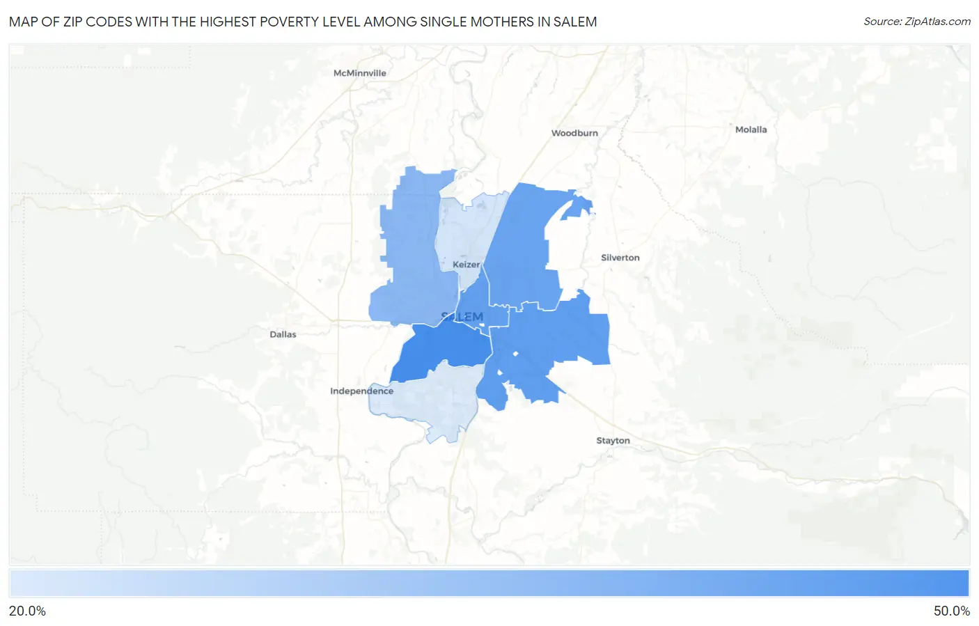 Zip Codes with the Highest Poverty Level Among Single Mothers in Salem Map