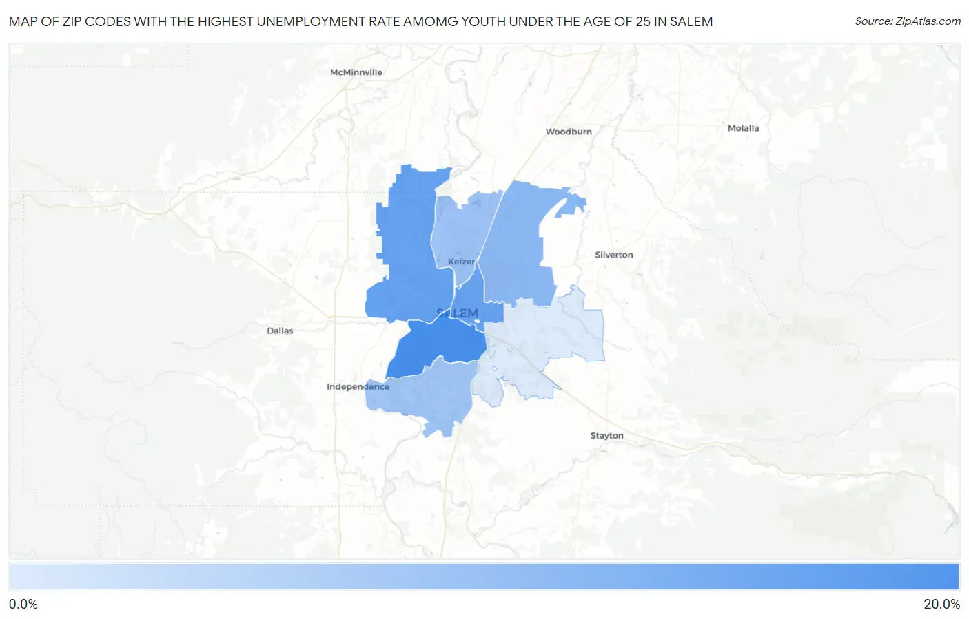 Zip Codes with the Highest Unemployment Rate Amomg Youth Under the Age of 25 in Salem Map