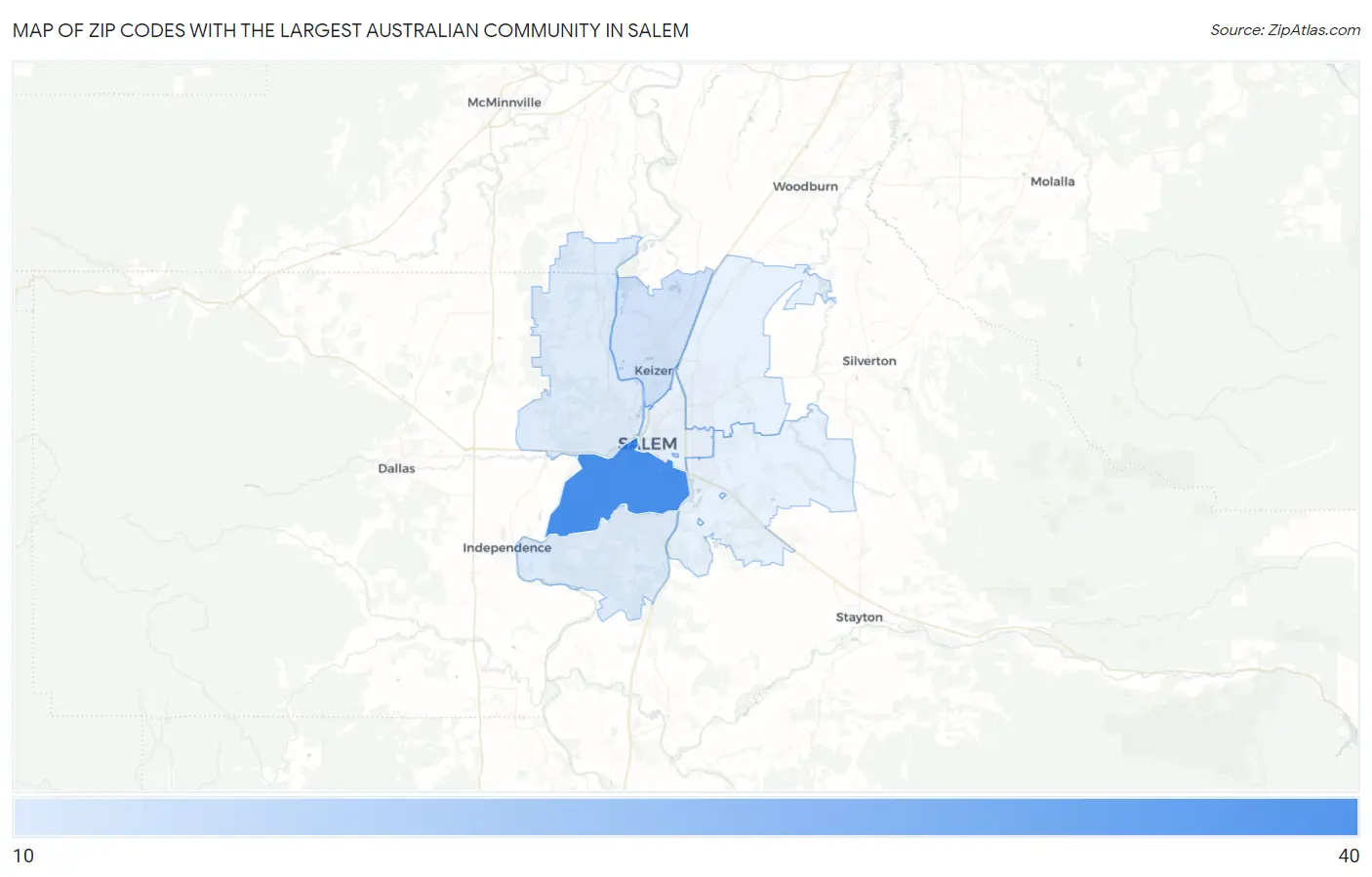 Zip Codes with the Largest Australian Community in Salem Map