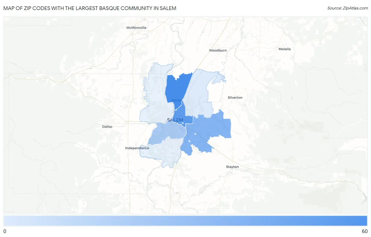 Zip Codes with the Largest Basque Community in Salem Map