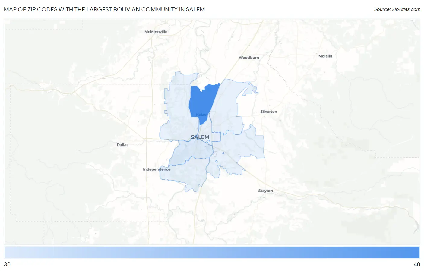 Zip Codes with the Largest Bolivian Community in Salem Map