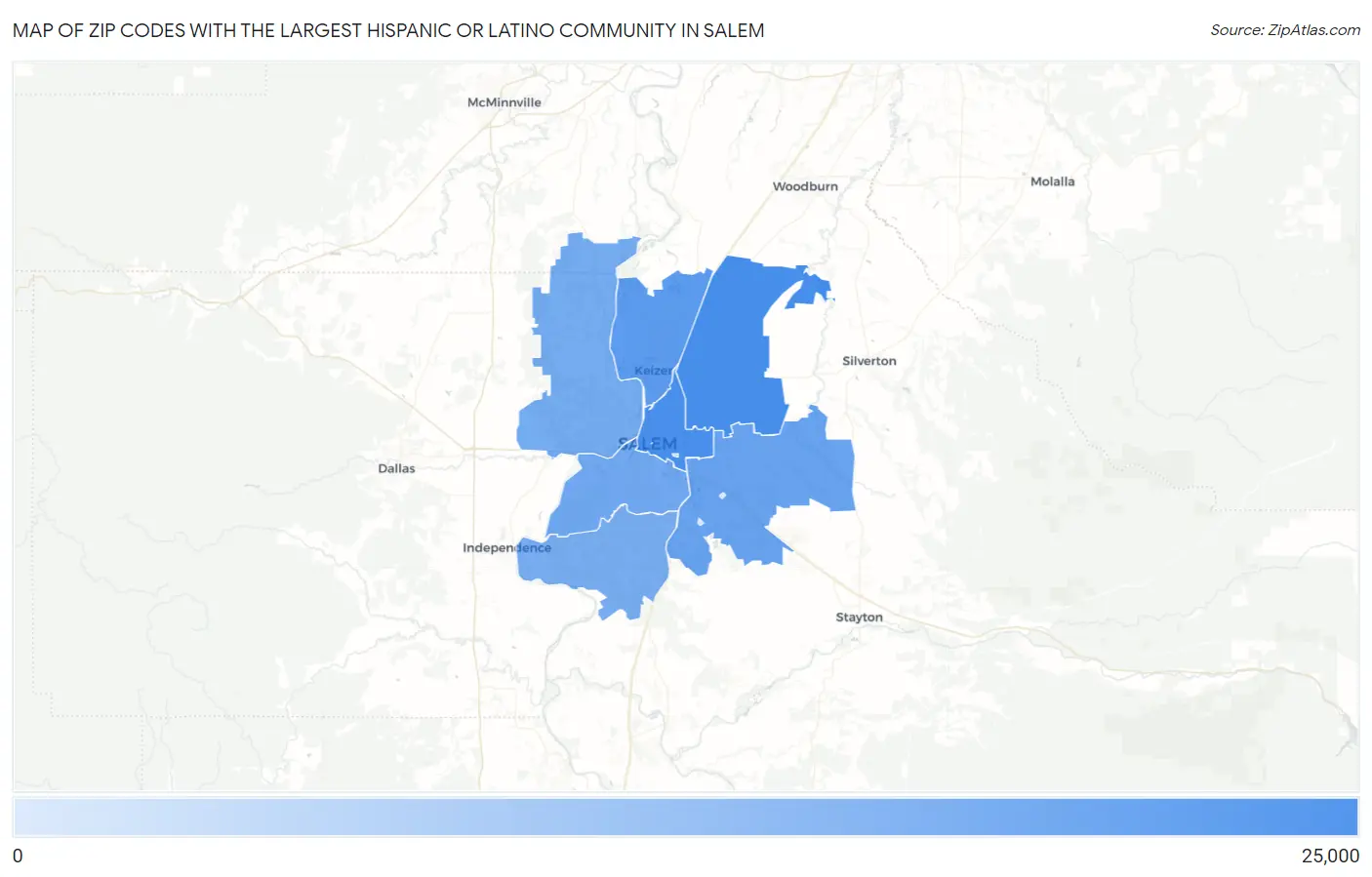 Zip Codes with the Largest Hispanic or Latino Community in Salem Map