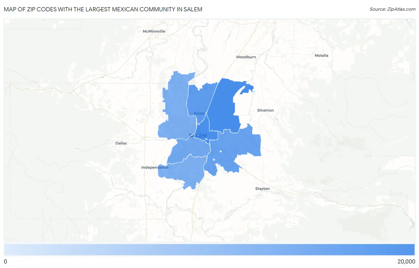Zip Codes with the Largest Mexican Community in Salem Map