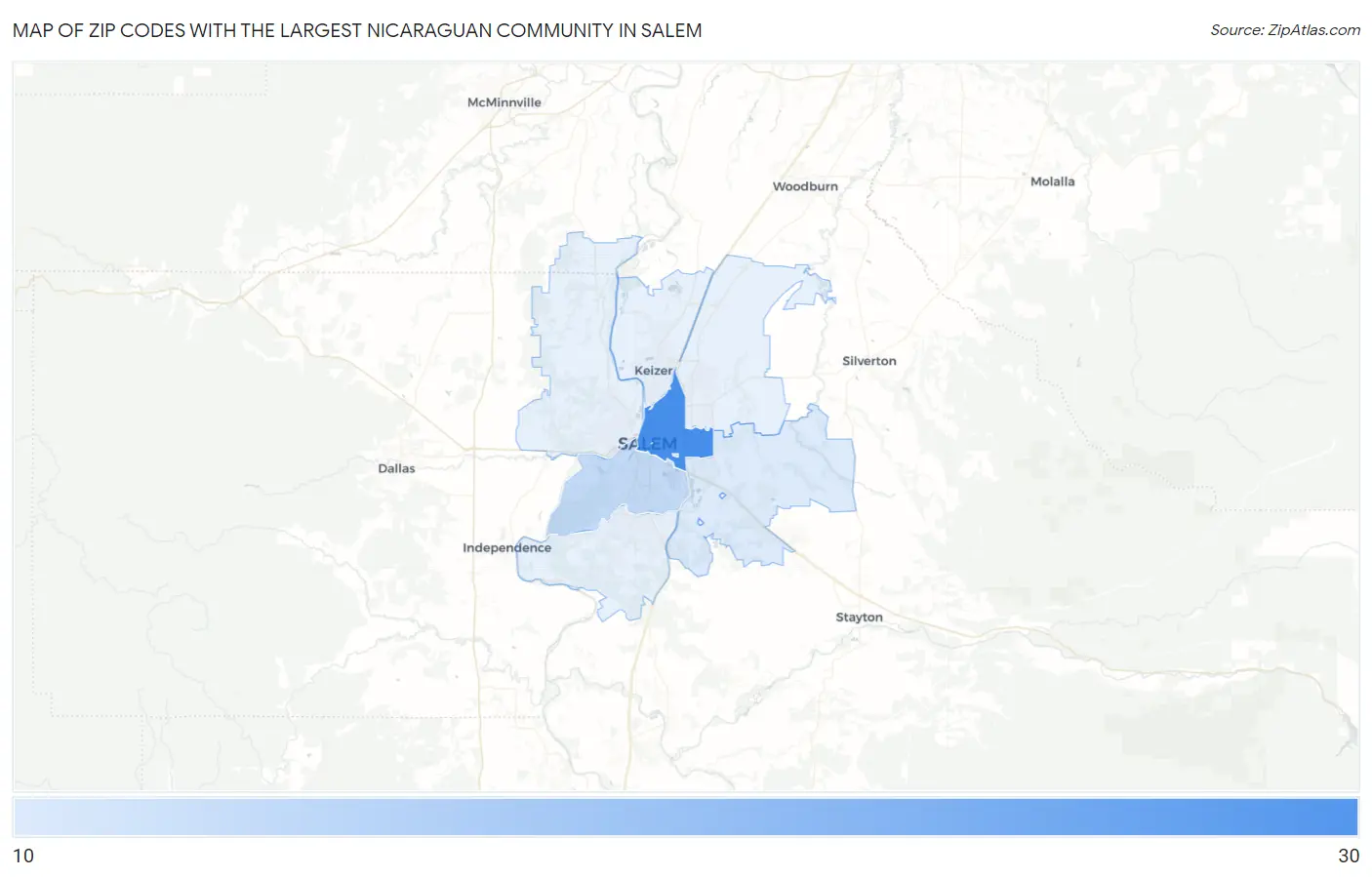 Zip Codes with the Largest Nicaraguan Community in Salem Map