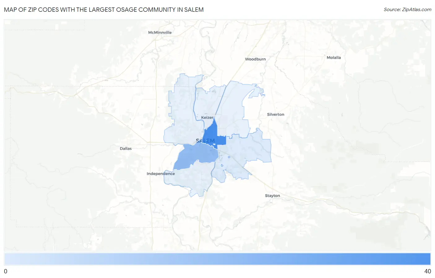 Zip Codes with the Largest Osage Community in Salem Map