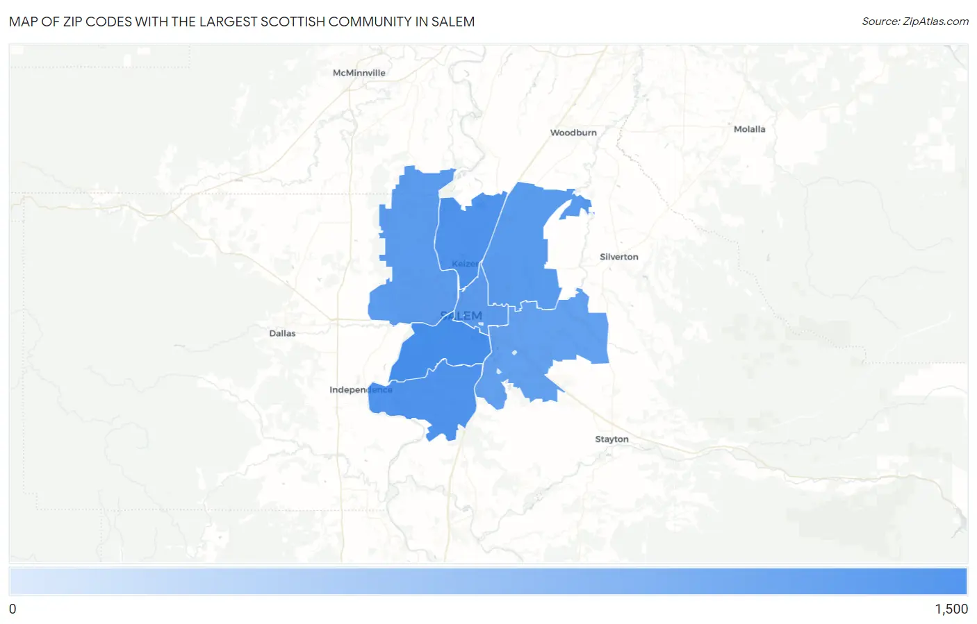 Zip Codes with the Largest Scottish Community in Salem Map