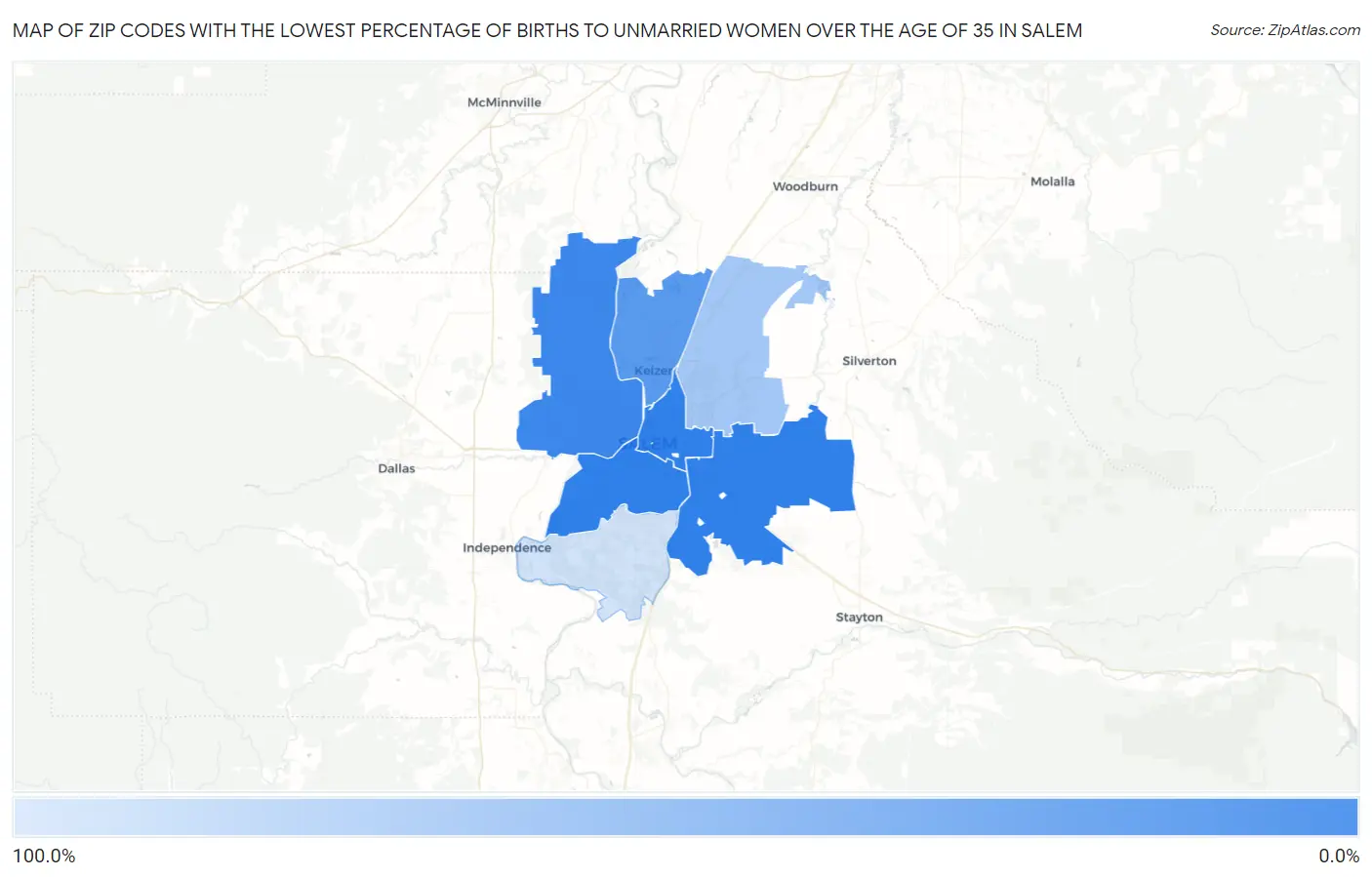 Zip Codes with the Lowest Percentage of Births to Unmarried Women over the Age of 35 in Salem Map