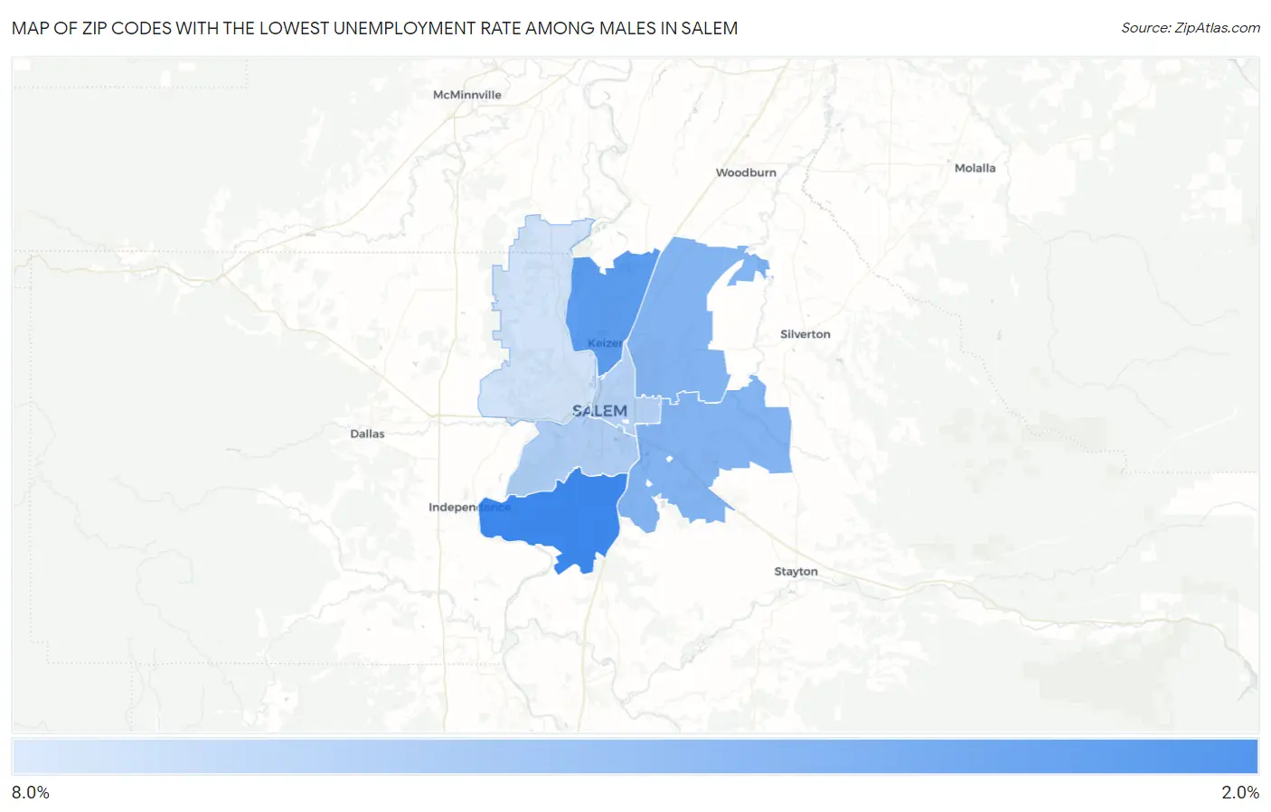 Zip Codes with the Lowest Unemployment Rate Among Males in Salem Map