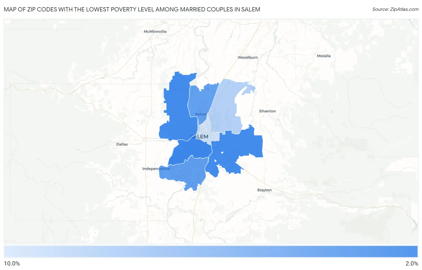 Zip Codes with the Lowest Poverty Level Among Married Couples in Salem Map