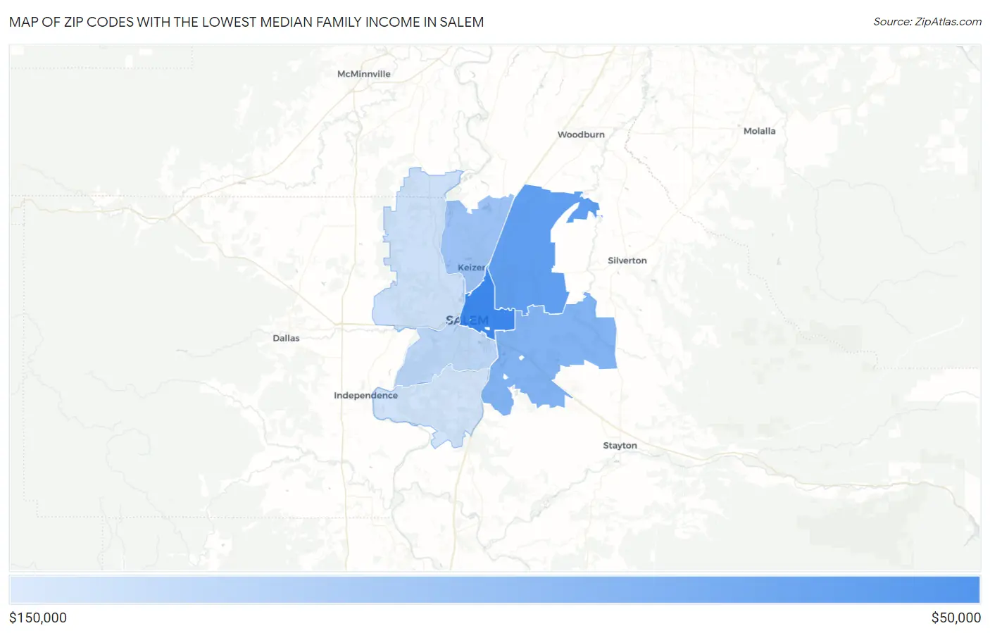 Zip Codes with the Lowest Median Family Income in Salem Map