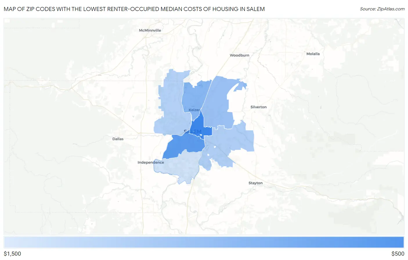 Zip Codes with the Lowest Renter-Occupied Median Costs of Housing in Salem Map