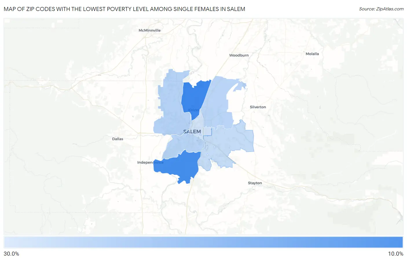 Zip Codes with the Lowest Poverty Level Among Single Females in Salem Map