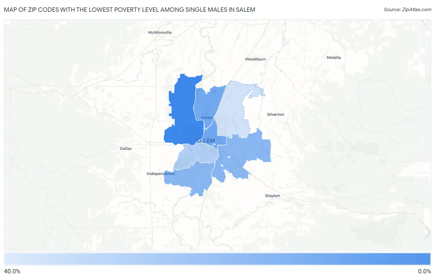 Zip Codes with the Lowest Poverty Level Among Single Males in Salem Map