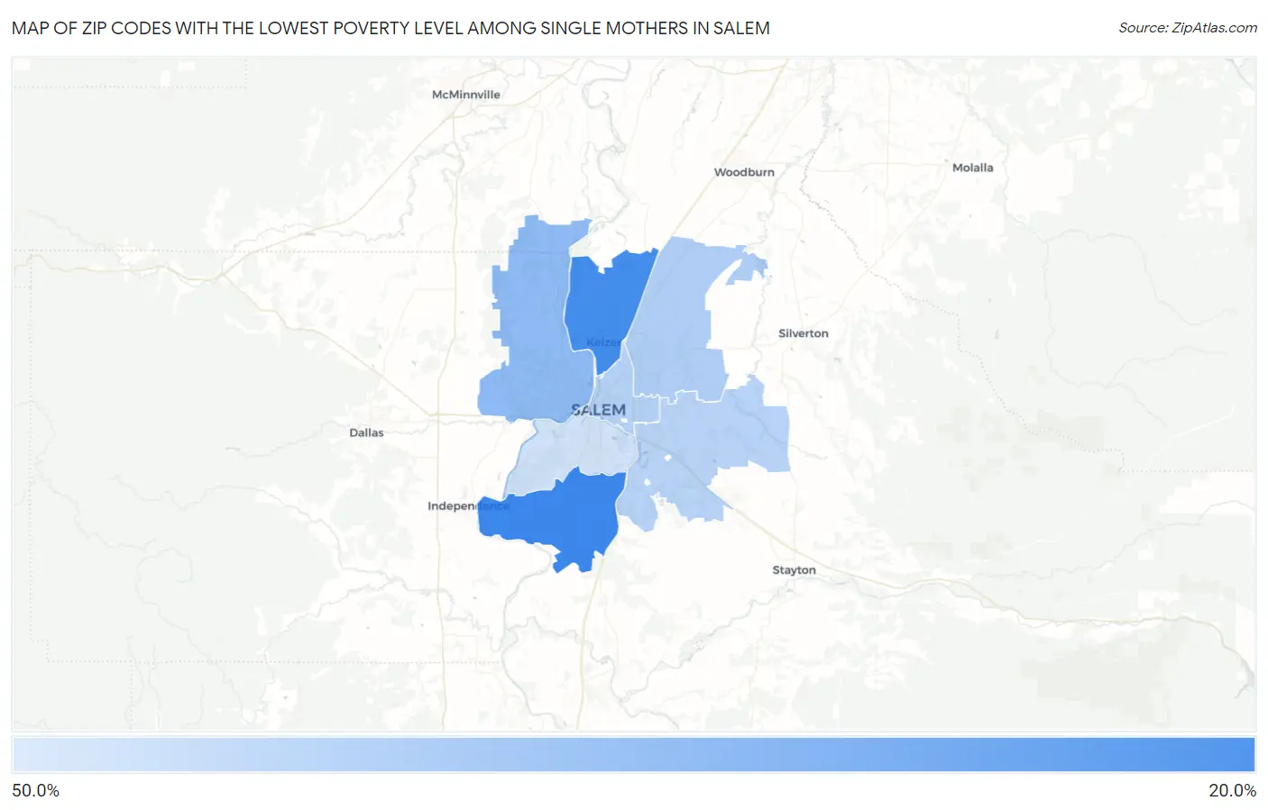 Zip Codes with the Lowest Poverty Level Among Single Mothers in Salem Map