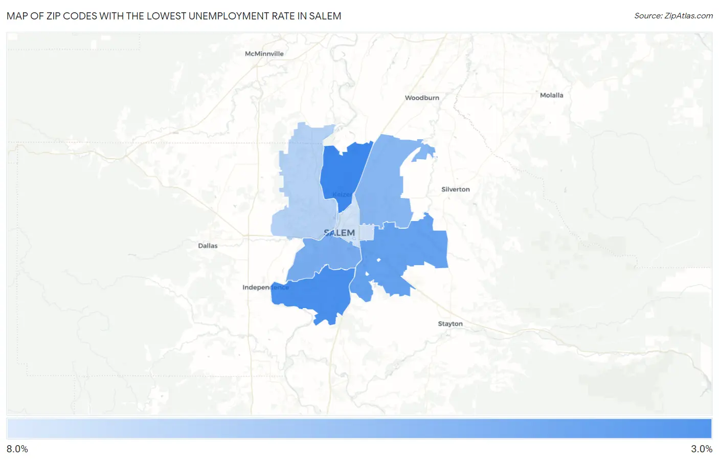 Zip Codes with the Lowest Unemployment Rate in Salem Map