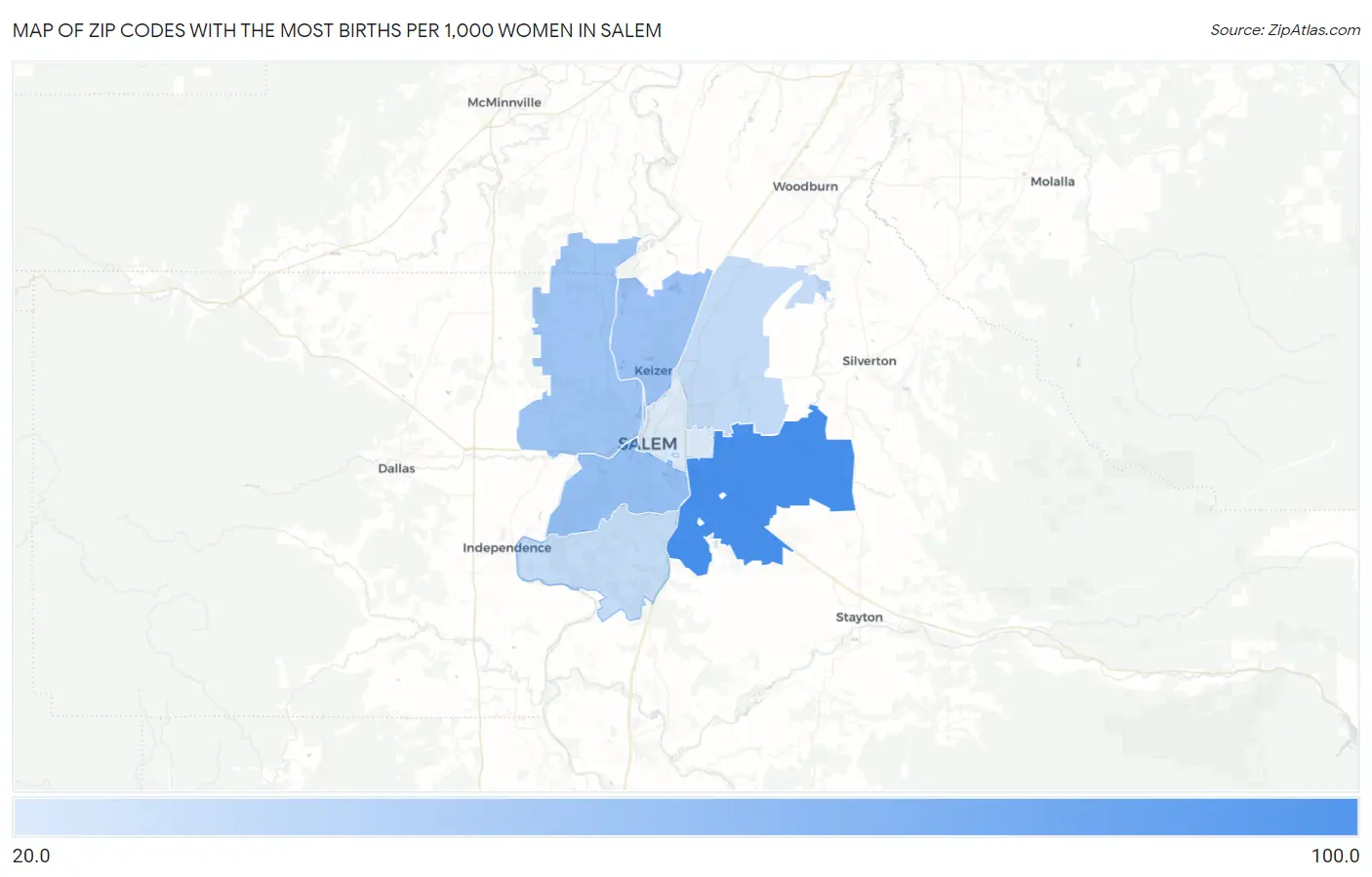 Zip Codes with the Most Births per 1,000 Women in Salem Map