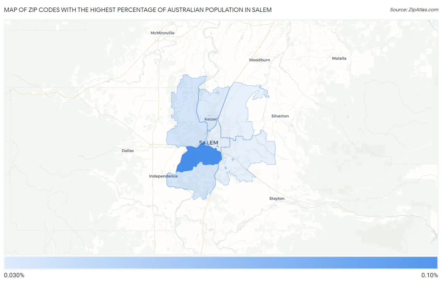 Zip Codes with the Highest Percentage of Australian Population in Salem Map