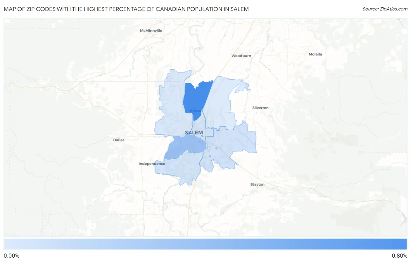 Zip Codes with the Highest Percentage of Canadian Population in Salem Map
