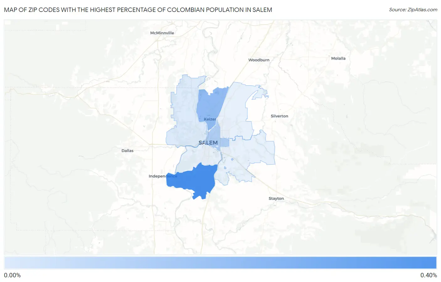 Zip Codes with the Highest Percentage of Colombian Population in Salem Map