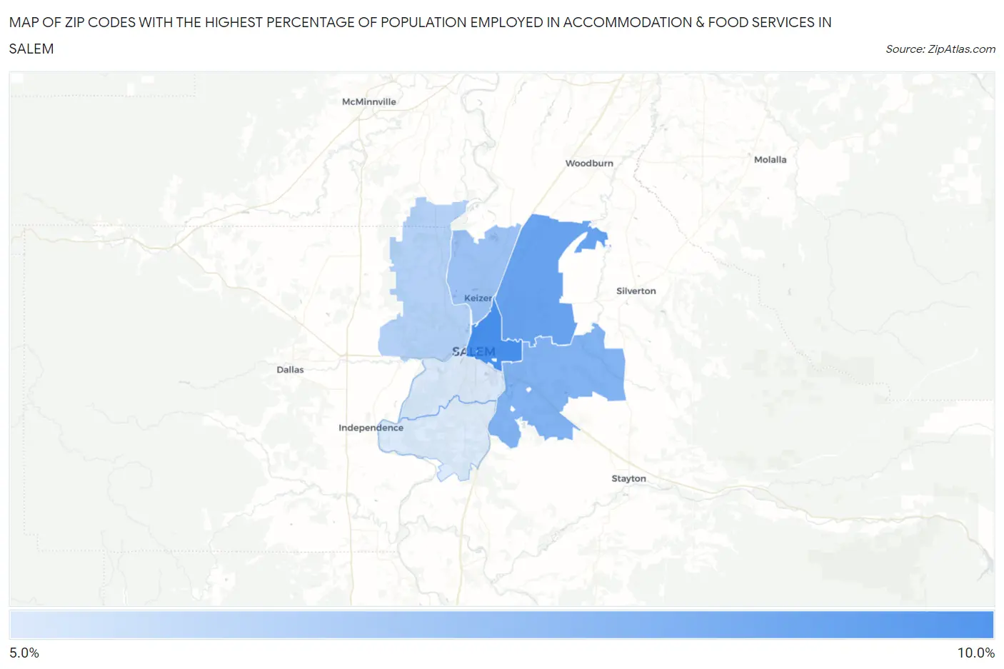 Zip Codes with the Highest Percentage of Population Employed in Accommodation & Food Services in Salem Map