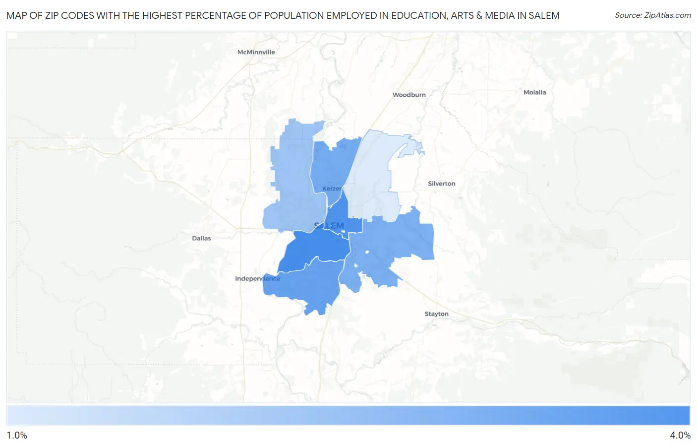 Zip Codes with the Highest Percentage of Population Employed in Education, Arts & Media in Salem Map