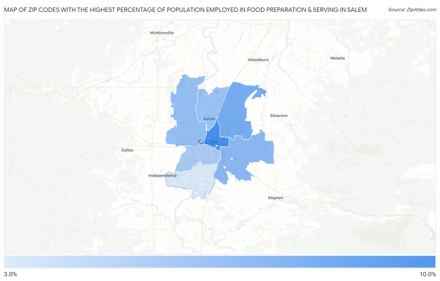 Zip Codes with the Highest Percentage of Population Employed in Food Preparation & Serving in Salem Map