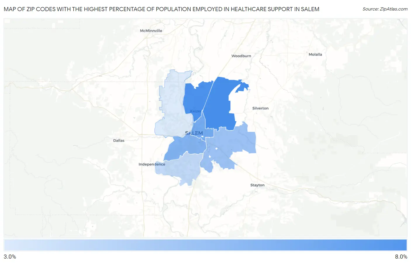 Zip Codes with the Highest Percentage of Population Employed in Healthcare Support in Salem Map