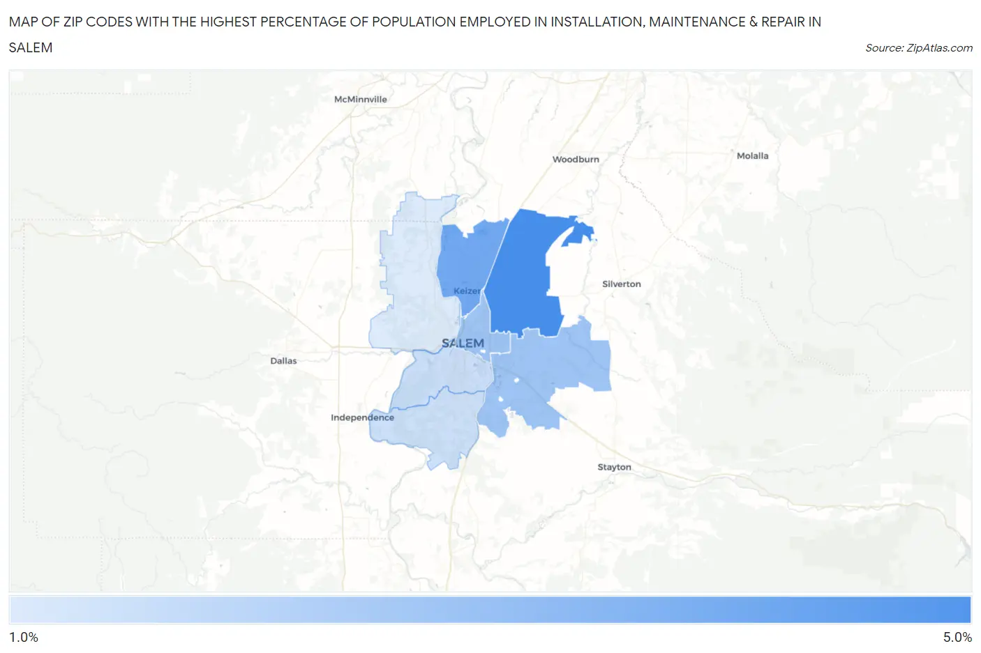Zip Codes with the Highest Percentage of Population Employed in Installation, Maintenance & Repair in Salem Map