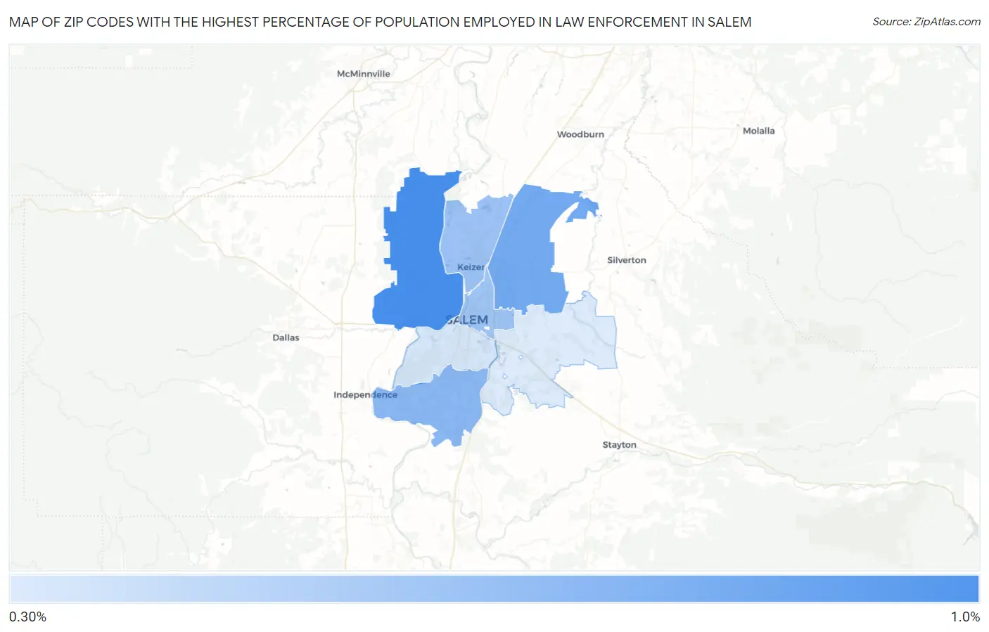 Zip Codes with the Highest Percentage of Population Employed in Law Enforcement in Salem Map