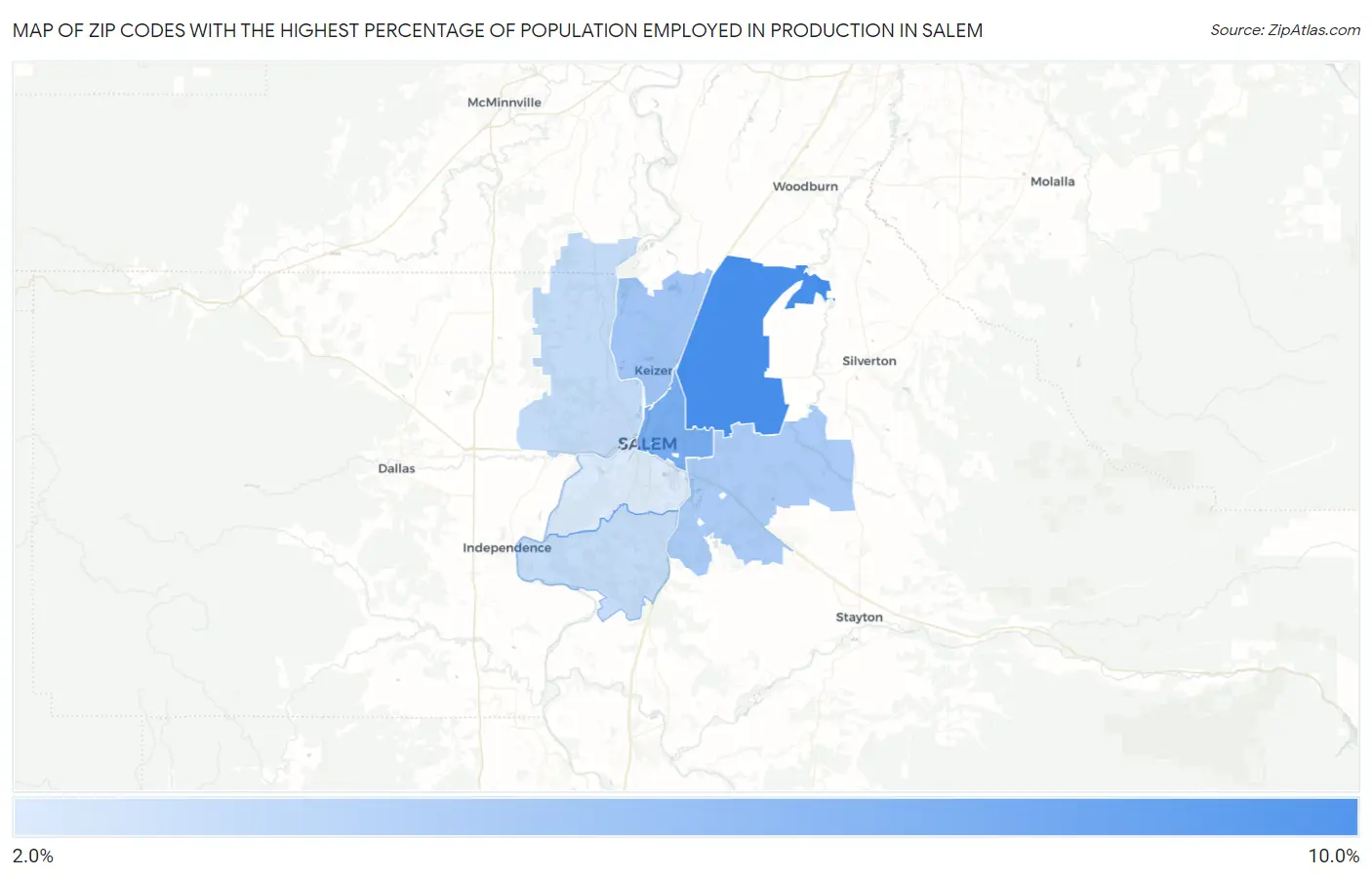 Zip Codes with the Highest Percentage of Population Employed in Production in Salem Map