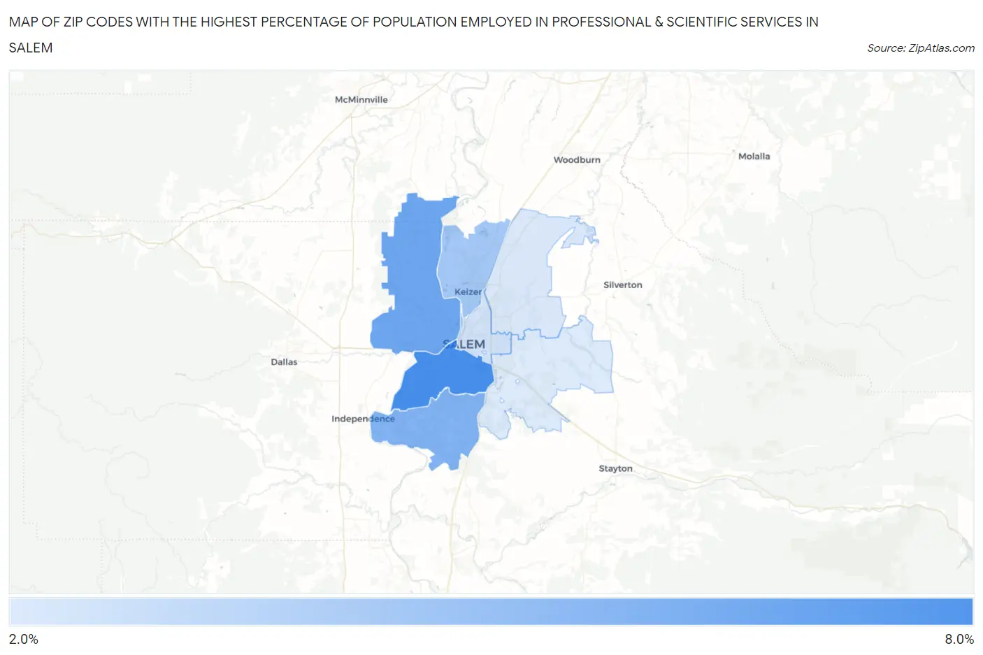 Zip Codes with the Highest Percentage of Population Employed in Professional & Scientific Services in Salem Map