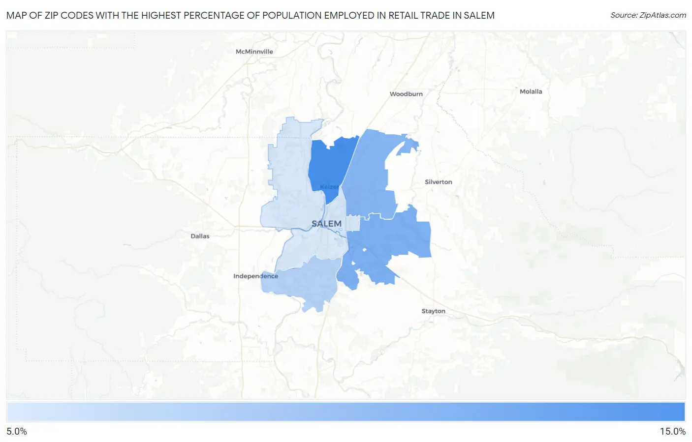 Zip Codes with the Highest Percentage of Population Employed in Retail Trade in Salem Map