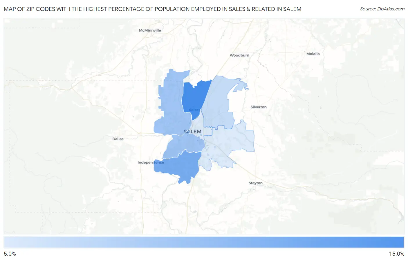 Zip Codes with the Highest Percentage of Population Employed in Sales & Related in Salem Map