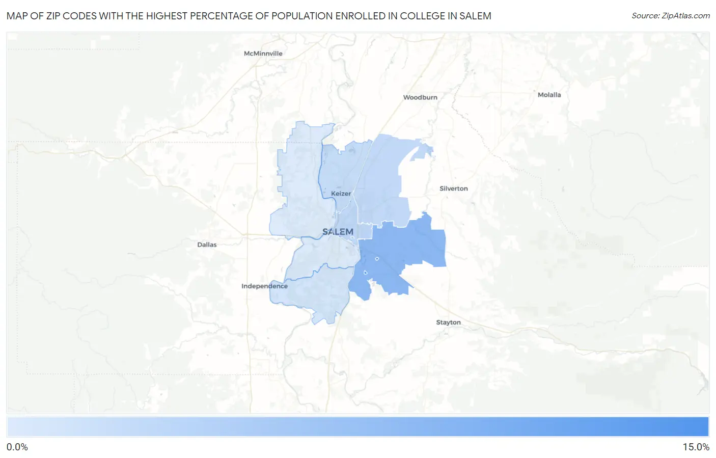 Zip Codes with the Highest Percentage of Population Enrolled in College in Salem Map