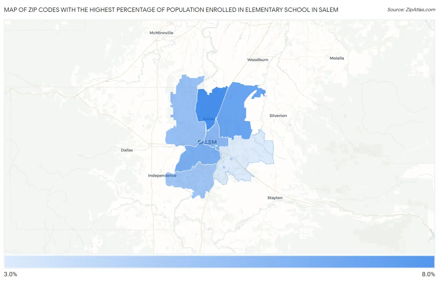 Zip Codes with the Highest Percentage of Population Enrolled in Elementary School in Salem Map