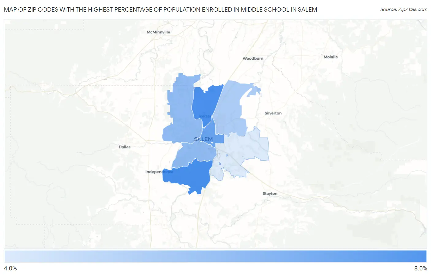 Zip Codes with the Highest Percentage of Population Enrolled in Middle School in Salem Map