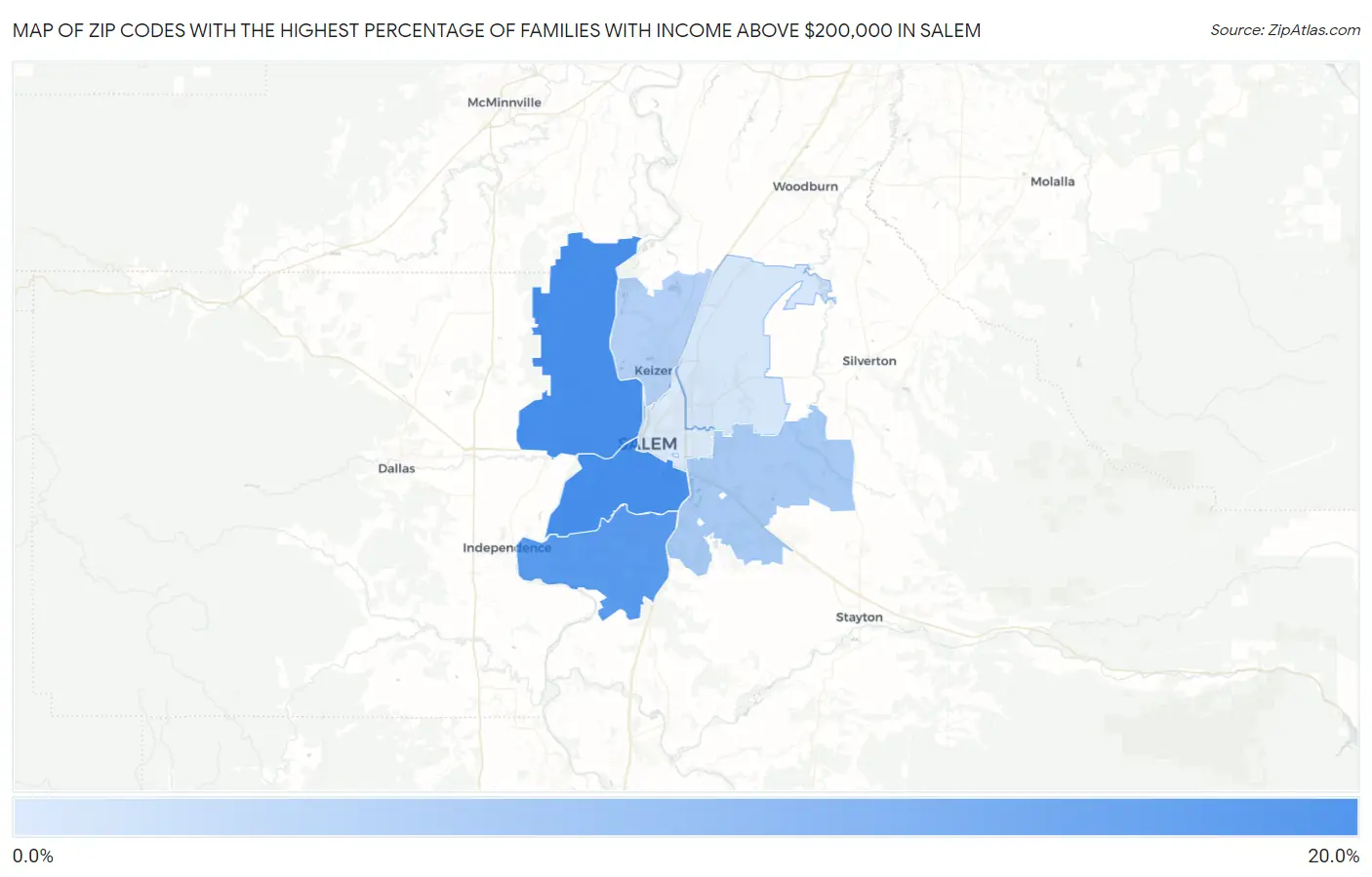Zip Codes with the Highest Percentage of Families with Income Above $200,000 in Salem Map