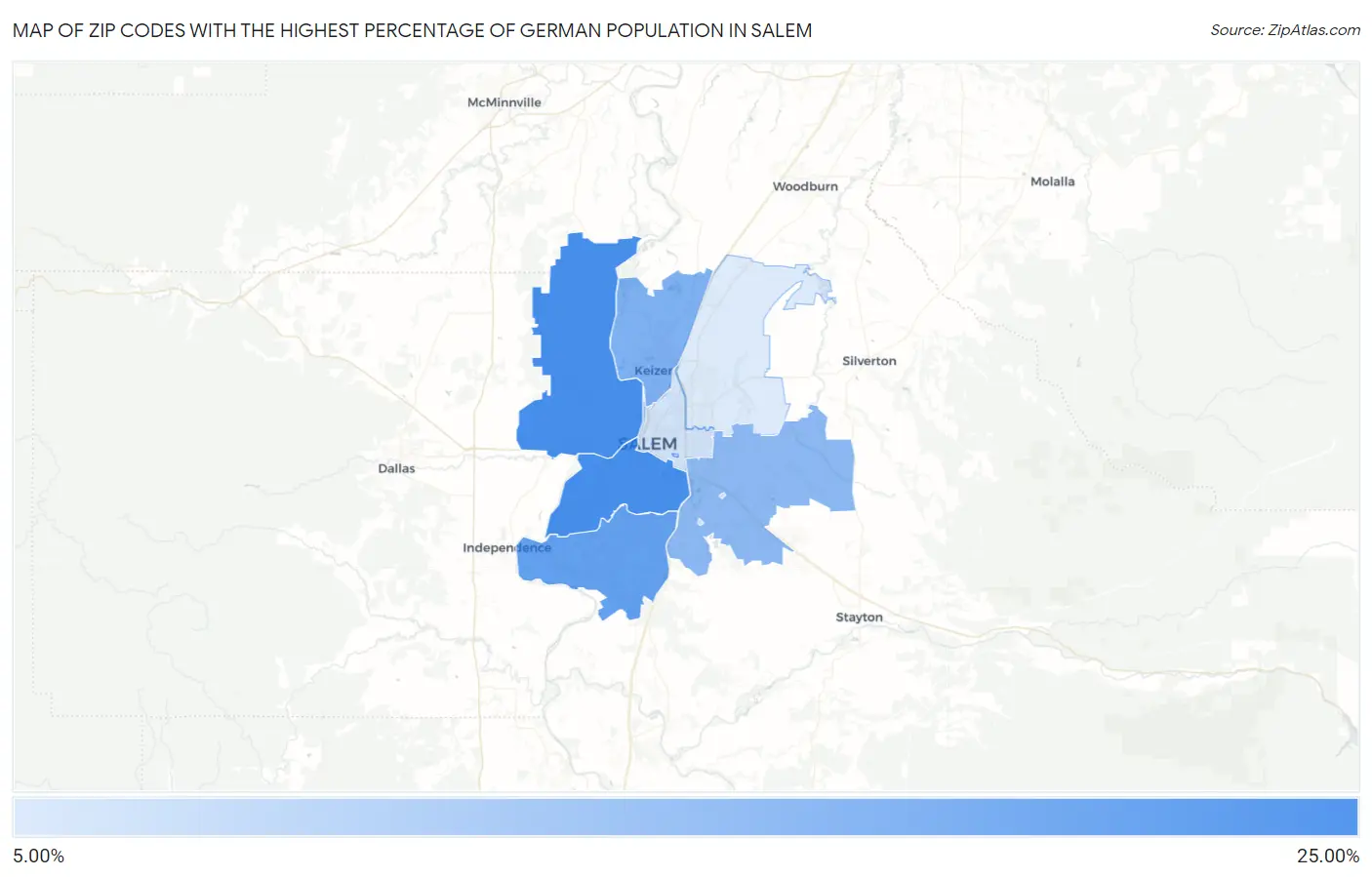 Zip Codes with the Highest Percentage of German Population in Salem Map