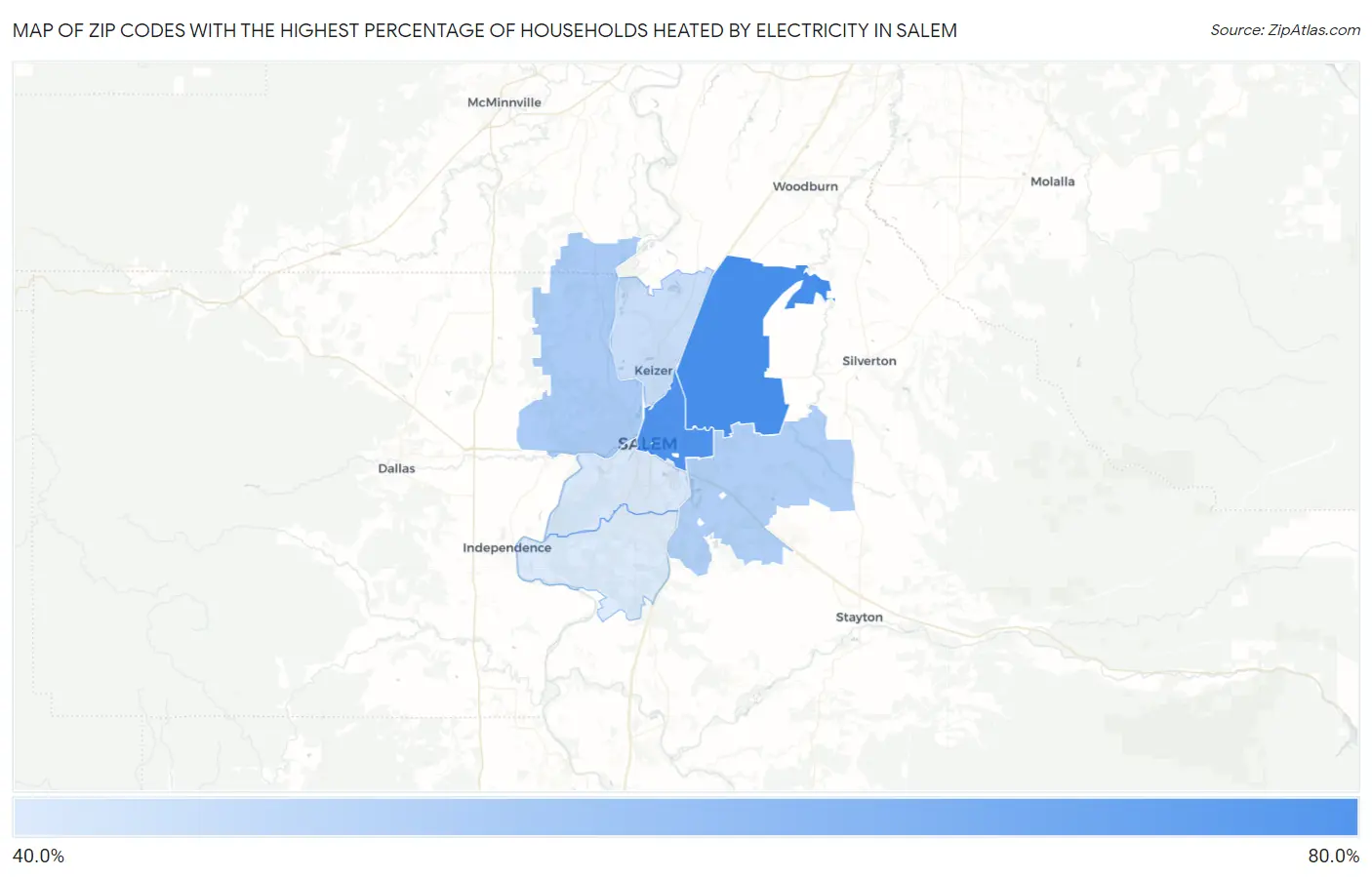 Zip Codes with the Highest Percentage of Households Heated by Electricity in Salem Map