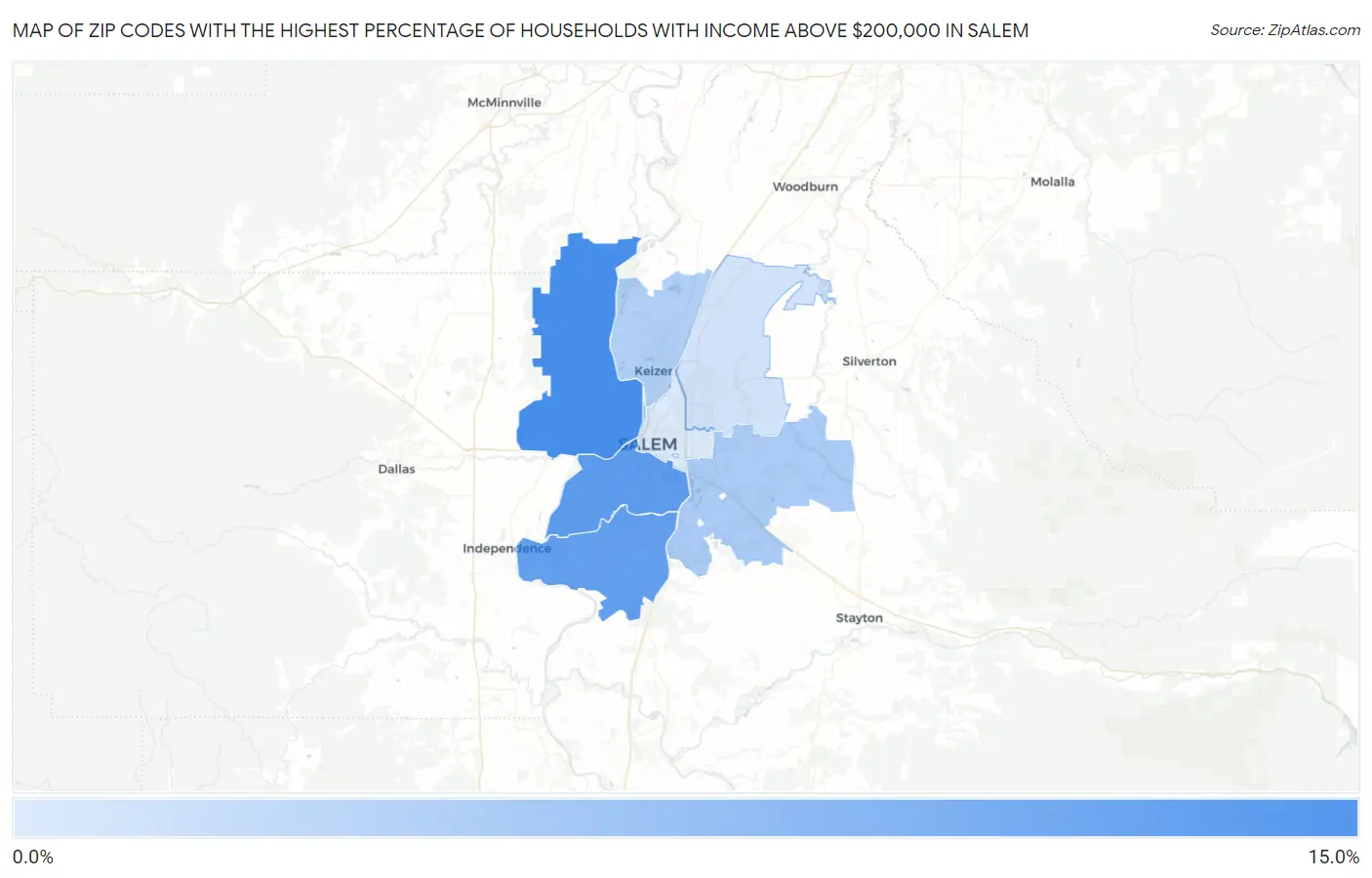Zip Codes with the Highest Percentage of Households with Income Above $200,000 in Salem Map