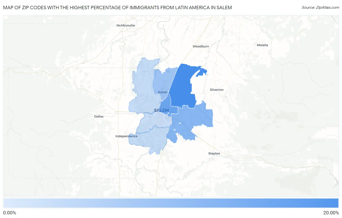 Zip Codes with the Highest Percentage of Immigrants from Latin America in Salem Map